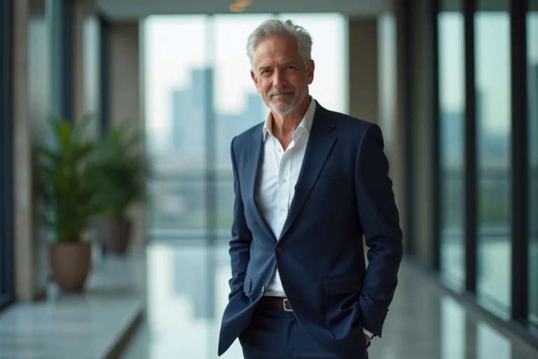 Portrait de Guillaume Faury, PDG d'Airbus, en costume marine dans un hall d'entreprise moderne