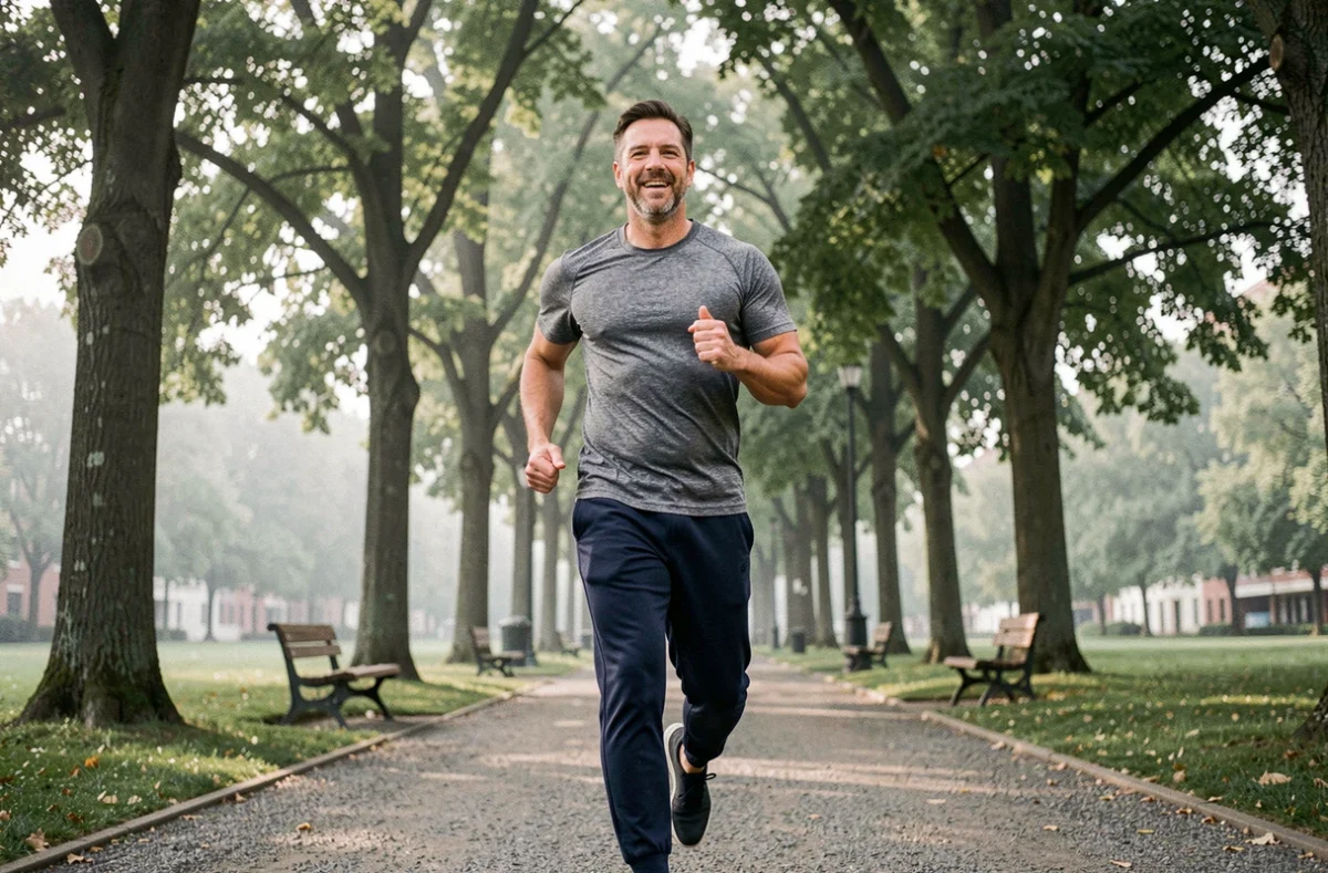 Homme d'âge moyen faisant du jogging dans un parc urbain arboré pour améliorer sa santé physique et son bien-être quotidien