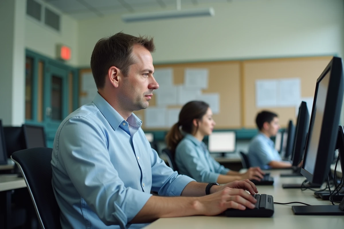 Homme en classe informatique uploadant un fichier Pronote