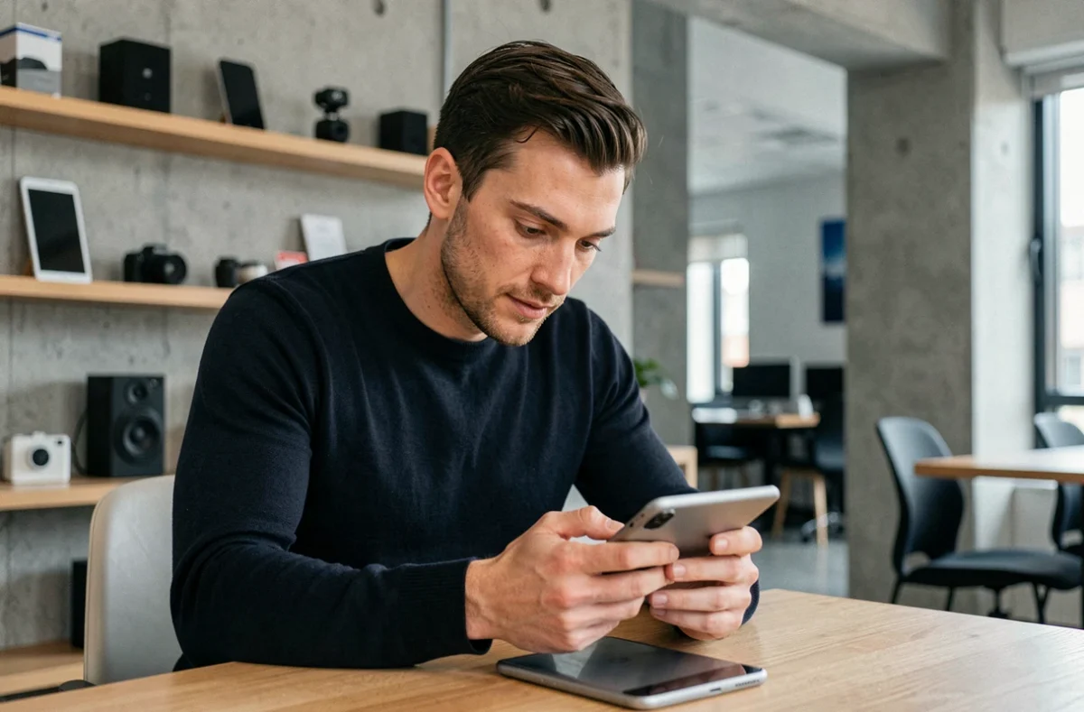 Homme testant un smartphone pliable dans un espace de coworking moderne, tendances high-tech
