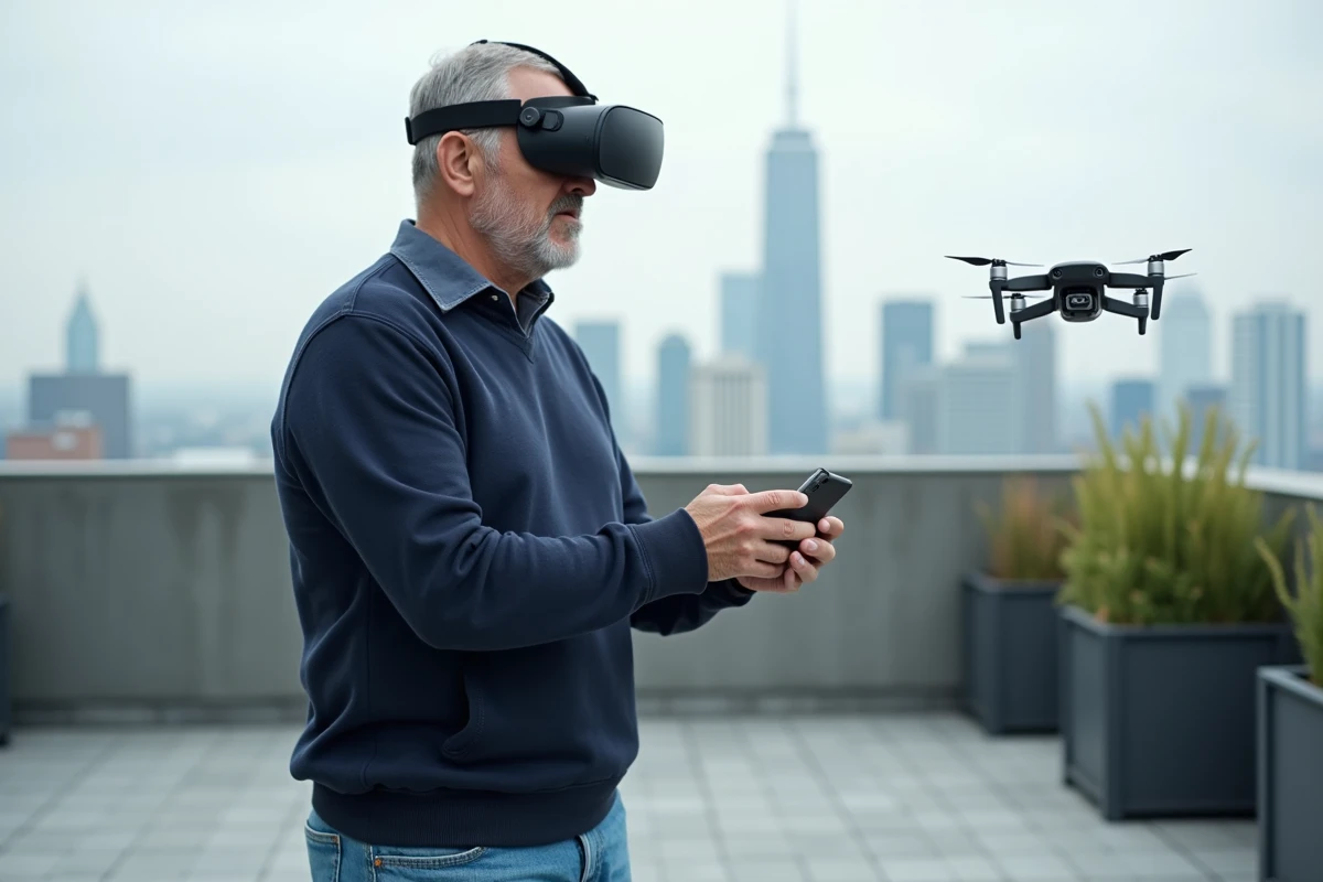 Homme utilisant un casque de réalité augmentée sur un toit urbain