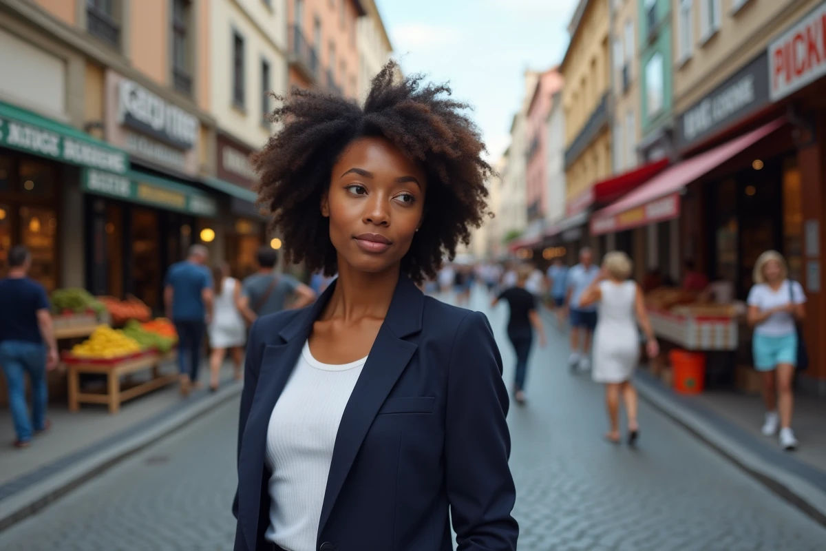 Jeune femme d'origine africaine dans une rue multiculturelle d'une ville européenne, représentant l'identité forgée par des racines diverses et une trajectoire personnelle affirmée