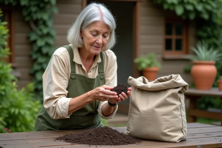 Femme jardinière inspectant la texture d'un terreau en sac ouvert sur une table de jardin en bois