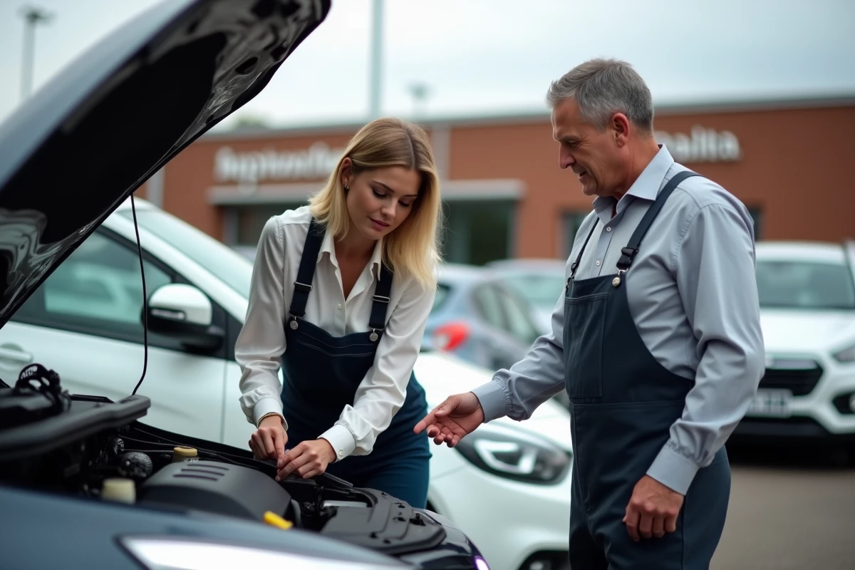 Cliente inspectant le moteur d'une voiture d'occasion avec l'aide d'un technicien dans un lot de concessionnaire