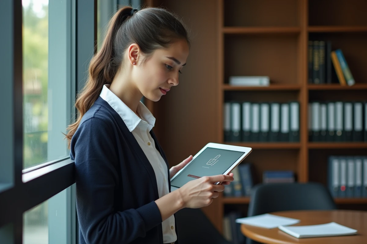 Jeune enseignante consultant un portail académique sur tablette dans une salle des professeurs