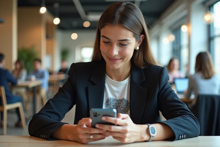 Jeune femme testant un smartphone pliable dans un espace de coworking