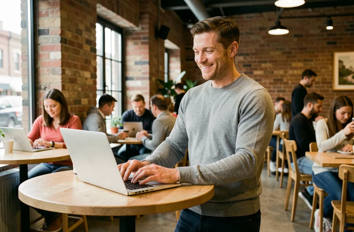 Jeune homme consultant des offres d'emploi en ligne dans un café moderne