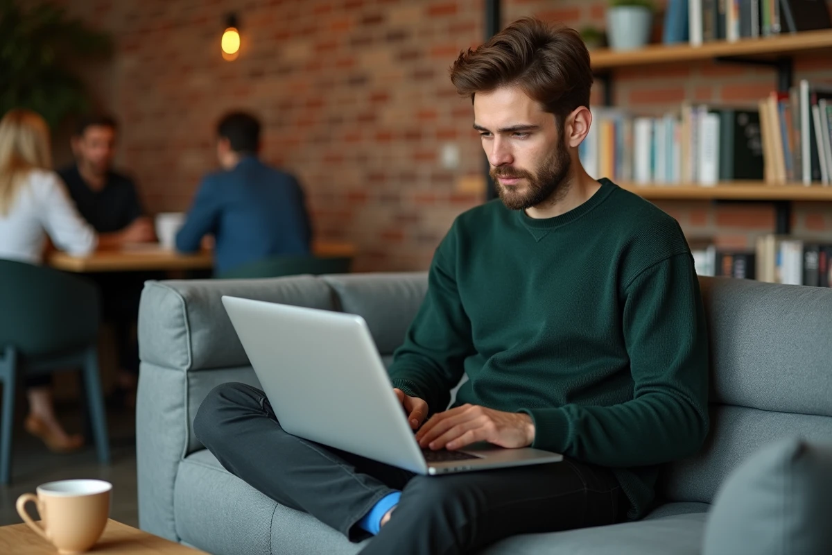 Junger Fachmann konsultiert die Sitemap-Seite einer Finanzwebsite auf seinem Laptop in einem Coworking-Space