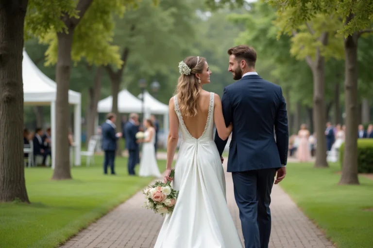Jeune couple de mariés dans un jardin lors de leur mariage