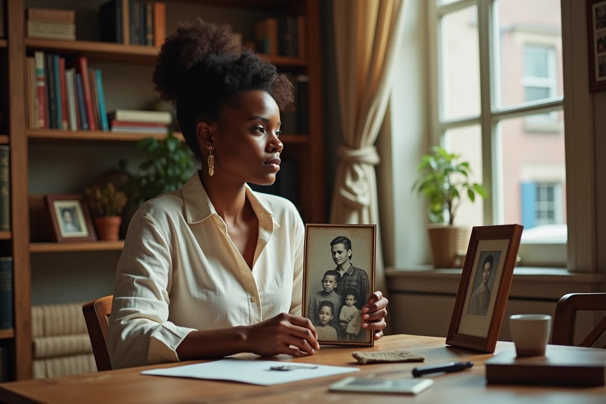 Femme d'origine africaine et européenne tenant un portrait de famille vintage dans un bureau chaleureux décoré d'objets culturels, illustrant l'héritage multiculturel de Marie-Aline Meliyi