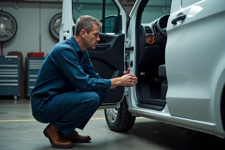 Mécanicien inspectant les voyants orange allumés sur le tableau de bord d'un Mercedes Vito dans un atelier automobile