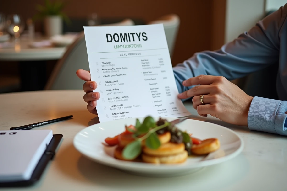Main tenant une liste de prix de repas gourmet dans un cadre élégant