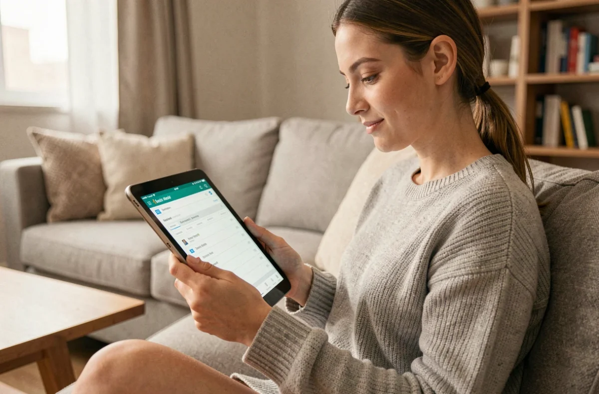 Jeune femme consultant sa messagerie webmail Alice sur une tablette dans un salon moderne