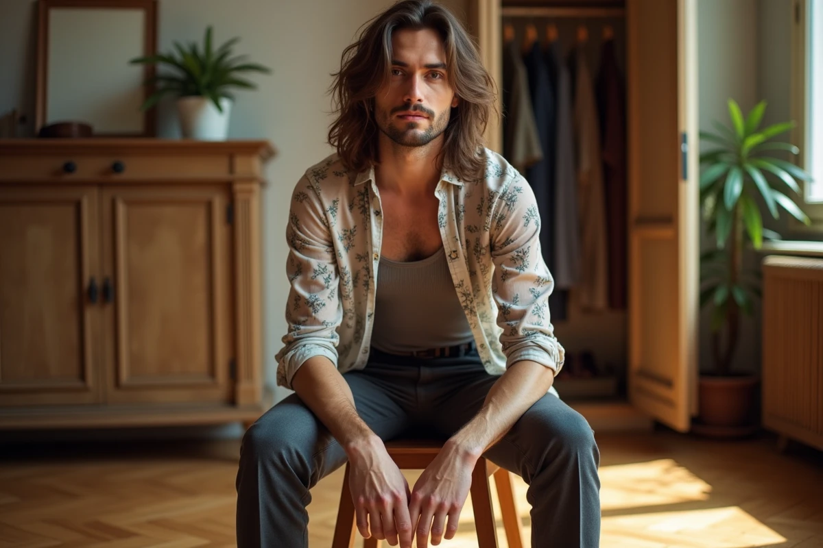 Personne androgyne en blouse fleurie et pantalon tailleur assis dans un appartement parisien chaleureux illustrant la mode gender fluid