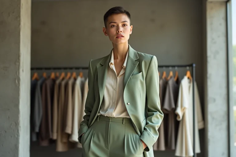 Personne portant un blazer oversize vert sauge et un pantalon large dans une boutique de mode gender fluid au décor minimaliste