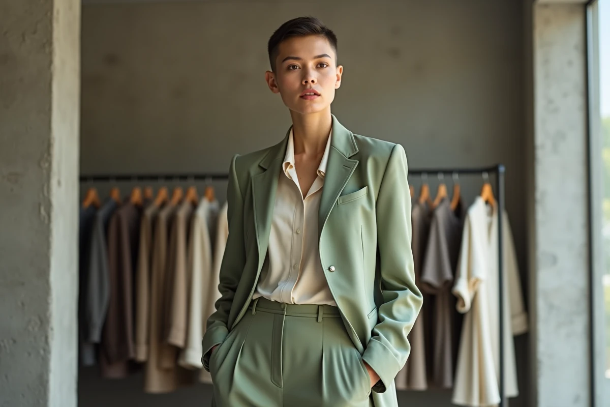 Personne portant un blazer oversize vert sauge et un pantalon large dans une boutique de mode gender fluid au décor minimaliste