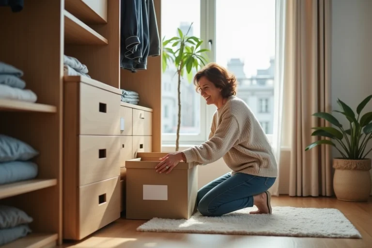 Femme organisée dans un placard moderne avec boîtes étiquetées