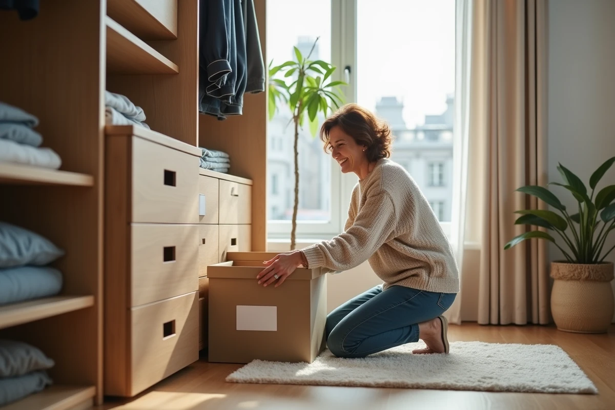 Femme organisée dans un placard moderne avec boîtes étiquetées