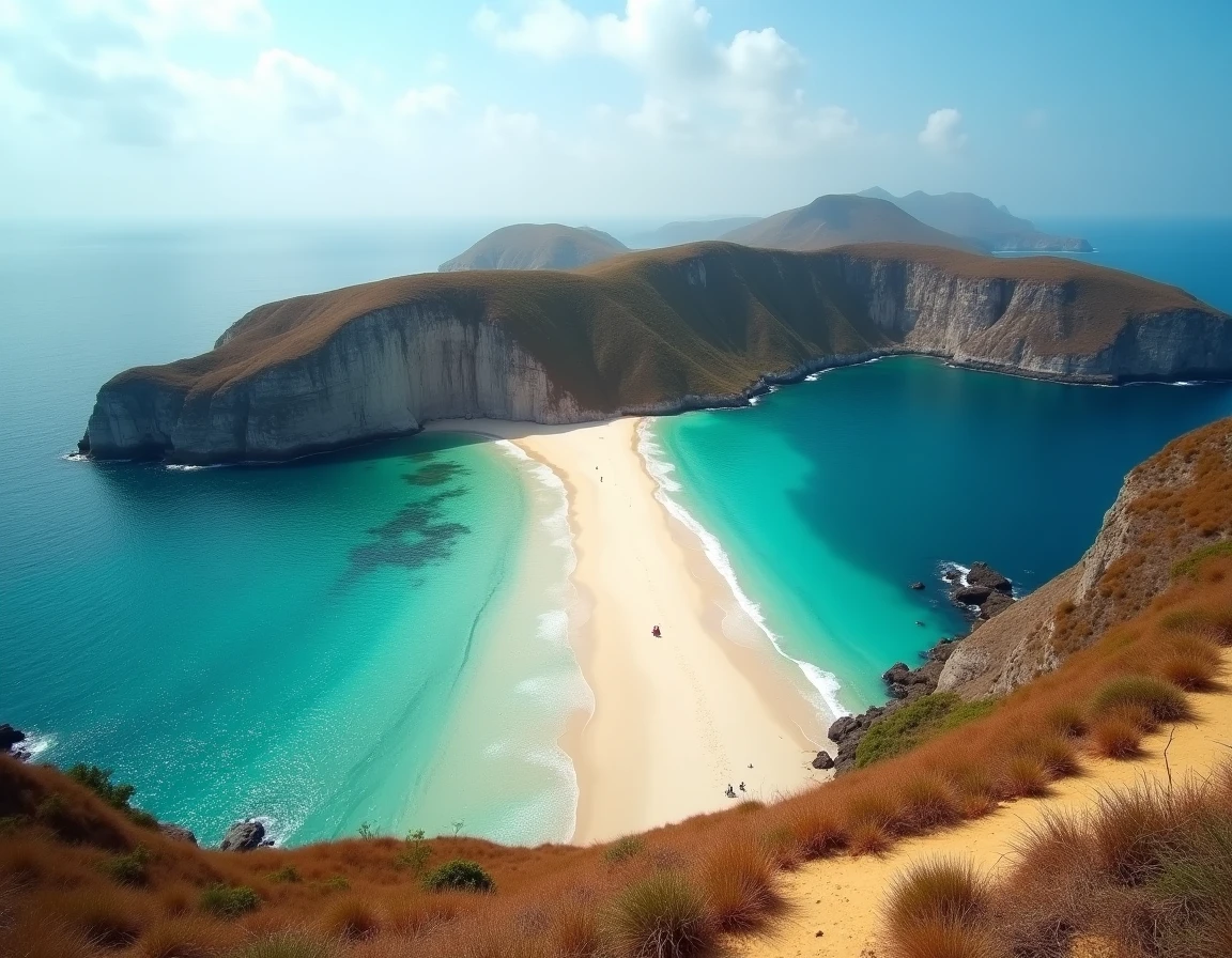 Vue panoramique sur la double baie de Tanjung Aan à Kuta Lombok avec falaises calcaires et eau turquoise