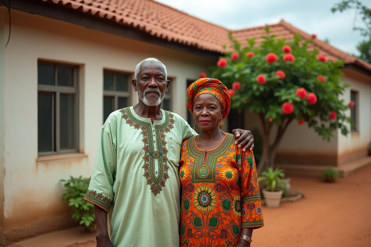 Couple de parents africains en tenue traditionnelle devant leur maison familiale, symbolisant les racines et les valeurs culturelles qui ont façonné la personnalité de Marie-Aline Meliyi
