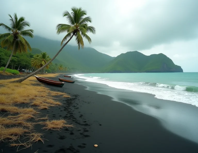 Plage de sable volcanique noir à Kuta Lombok avec bateaux de pêche traditionnels et collines verdoyantes en arrière-plan