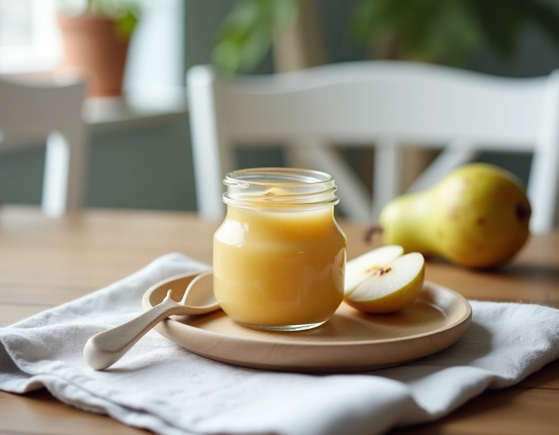 Petit pot de compote maison poire banane pour bébé avec cuillère céramique sur table en bois