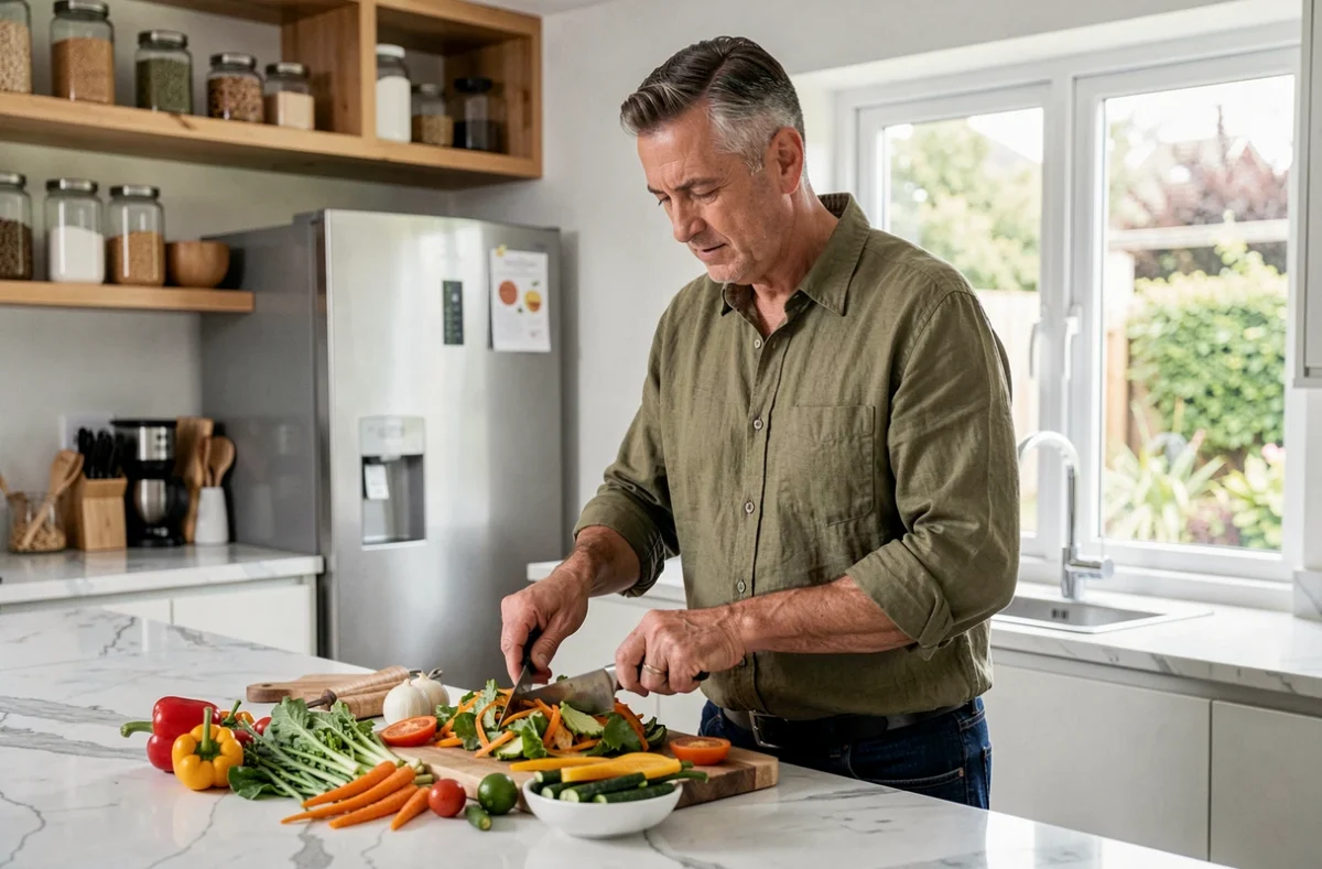 Homme préparant une salade de légumes frais dans une cuisine moderne, illustrant une alimentation saine pour prendre soin de sa santé