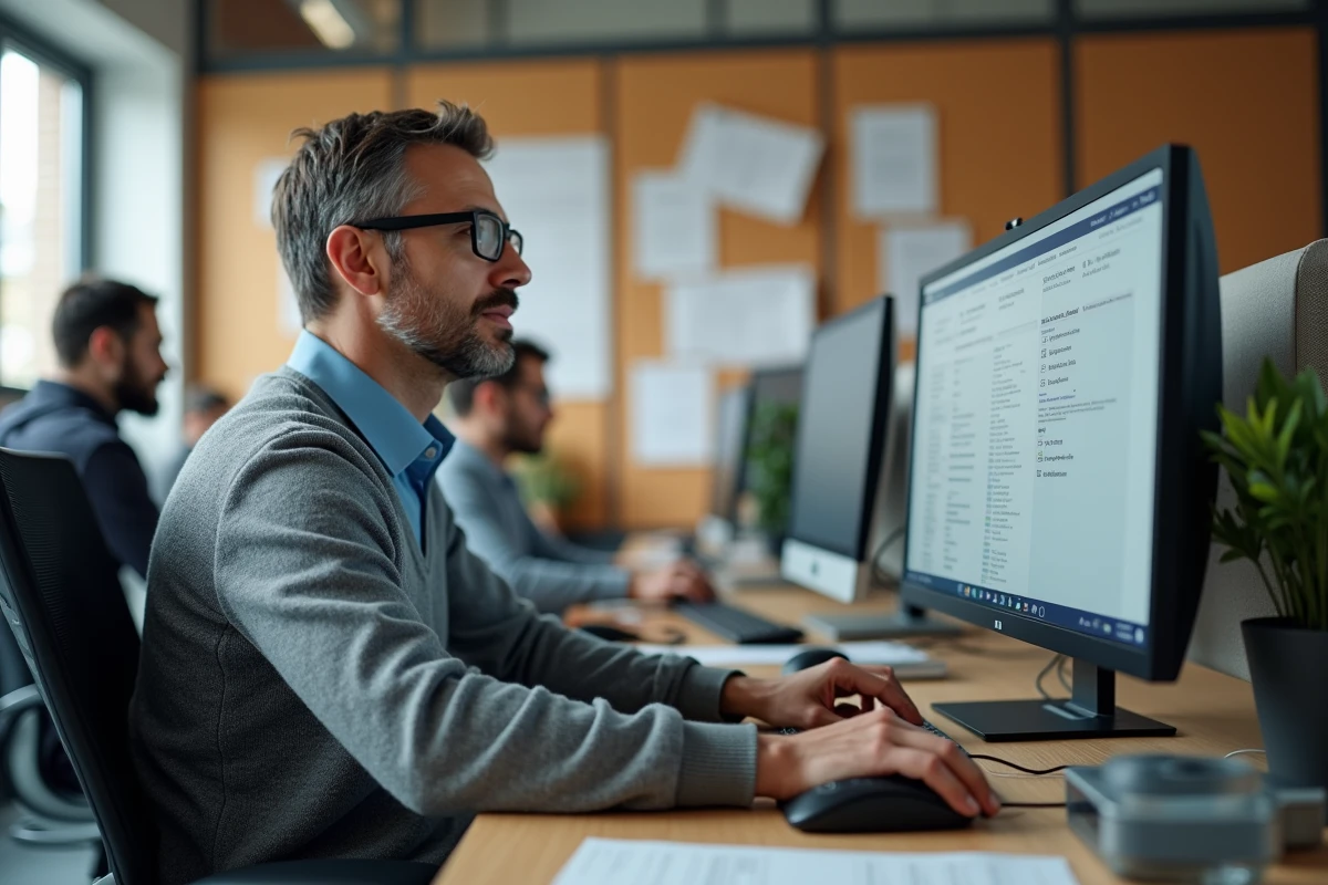 Professeur masculin naviguant sur une interface administrative éducative dans un bureau scolaire moderne