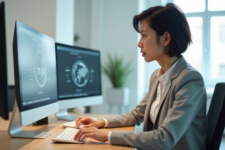 Une professionnelle analysant l'interface d'un site web sur un grand écran dans un bureau moderne pour optimiser l'expérience utilisateur