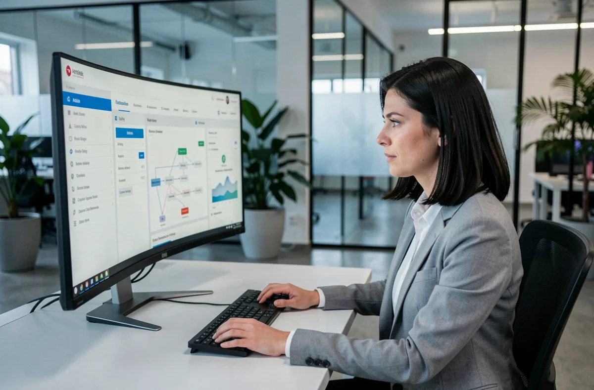 Professionnelle utilisant la solution Flow3 sur un poste de travail moderne dans un bureau open space contemporain