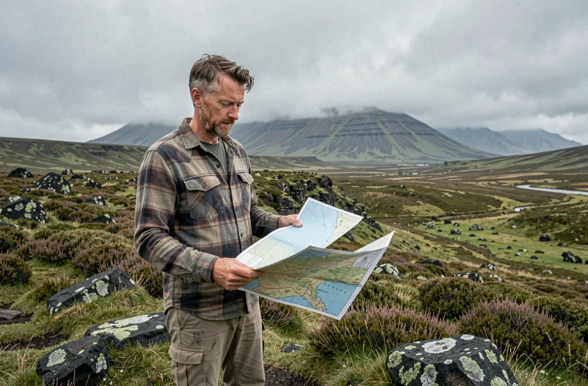 Randonneur solitaire tenant une carte topographique face à un vaste plateau montagneux brumeux, évoquant l'exploration et l'aventure en terrain sauvage