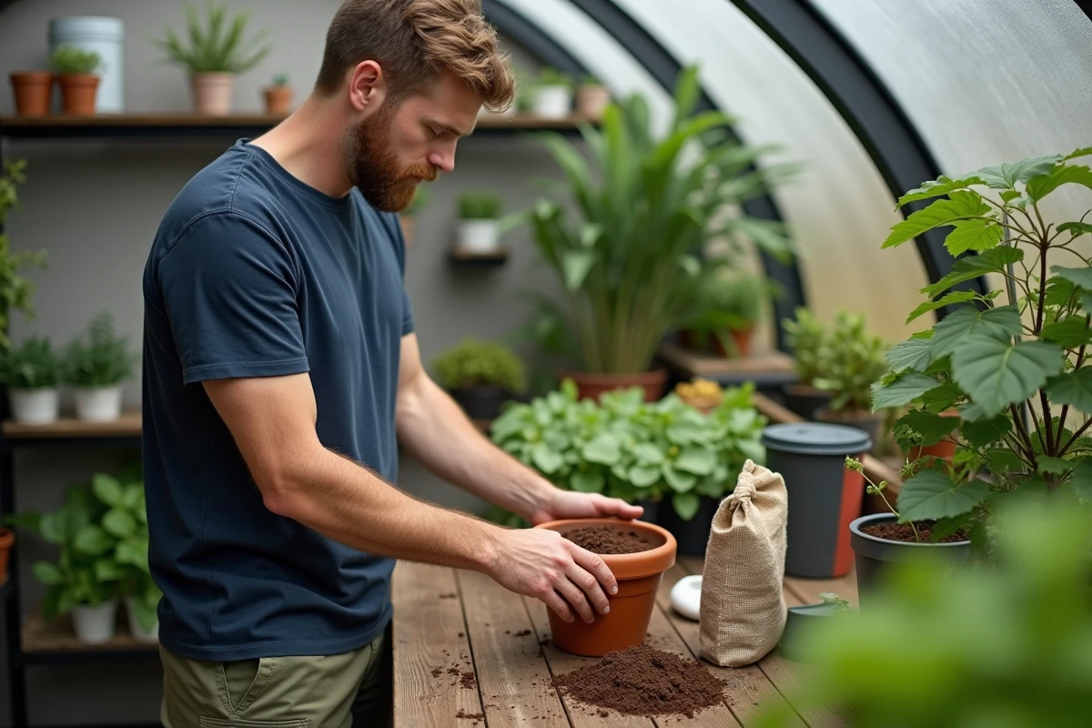 Homme revitalisant un vieux terreau avec du compost pour rempotage sur un balcon jardin
