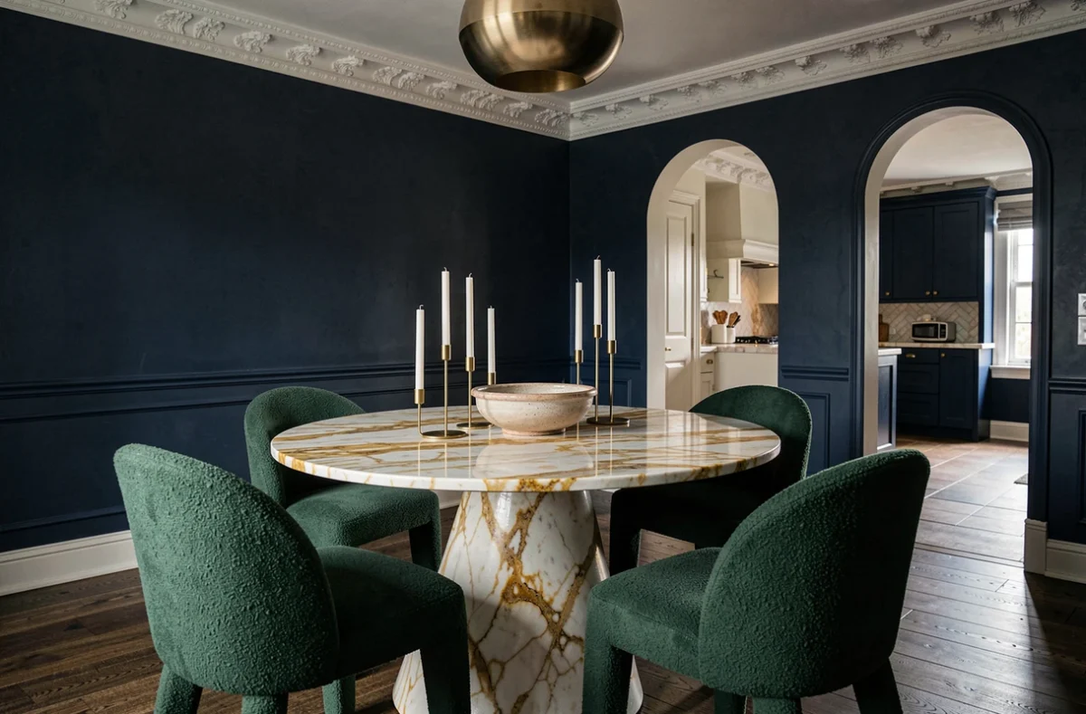 Salle à manger élégante avec table en marbre Calacatta, chaises en bouclé vert forêt et murs en stuc bleu marine dans une maison de ville