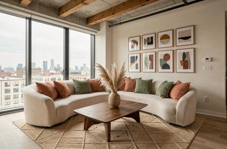 Salon moderne décoré avec canapé en lin ivoire, table basse en noyer et tapis géométrique beige dans un appartement contemporain