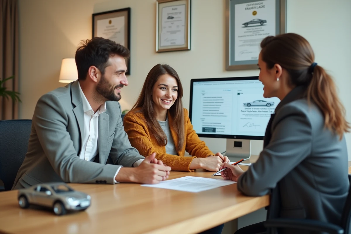 Couple en train de signer un contrat d'achat automobile avec une conseillère dans le bureau d'un concessionnaire
