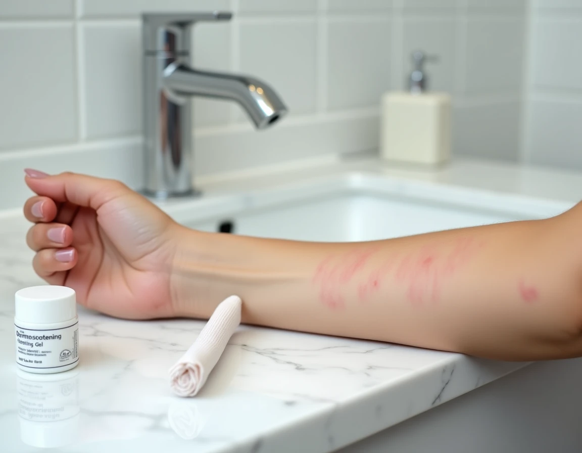 Gros plan sur un avant-bras traité au laser vasculaire avec crème apaisante et manchon de compression sur plan en marbre blanc