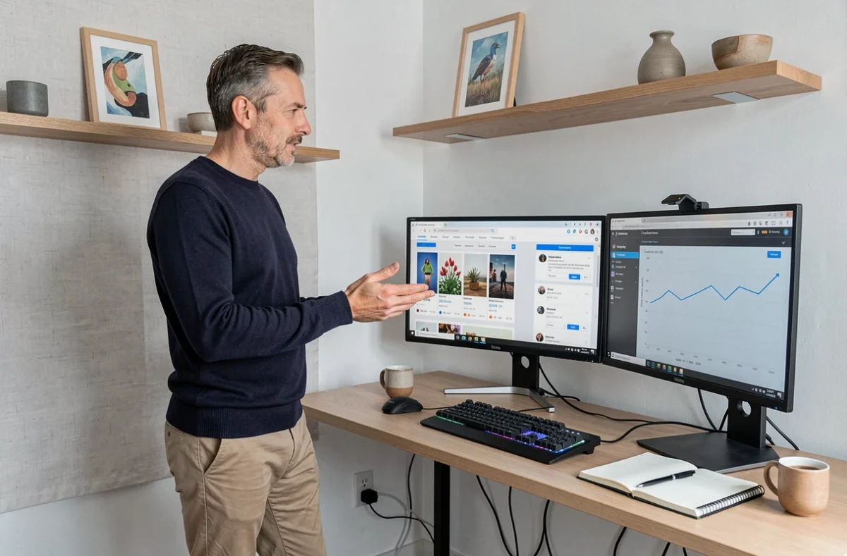 Entrepreneur créatif analysant des stratégies marketing digitales pour vendre ses œuvres d'art en ligne