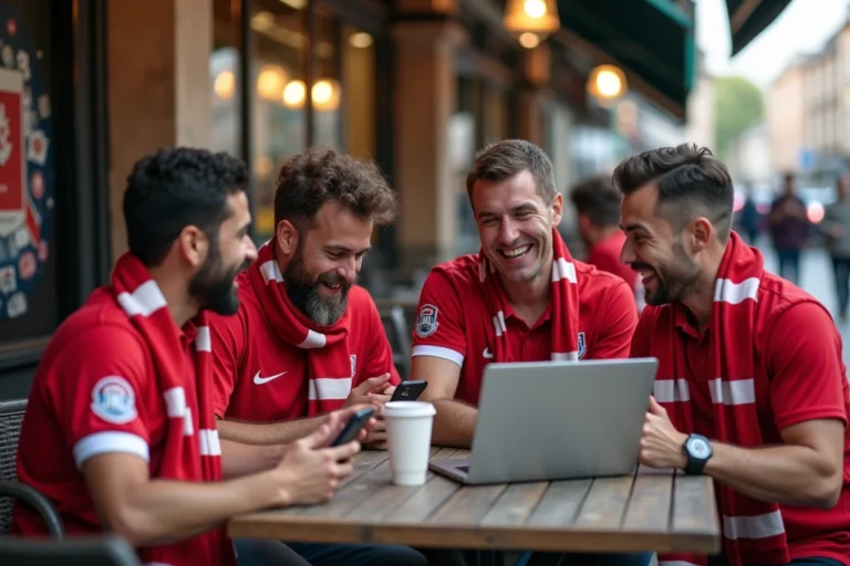 Supporters lyonnais au café terrasse avec écharpes et maillots