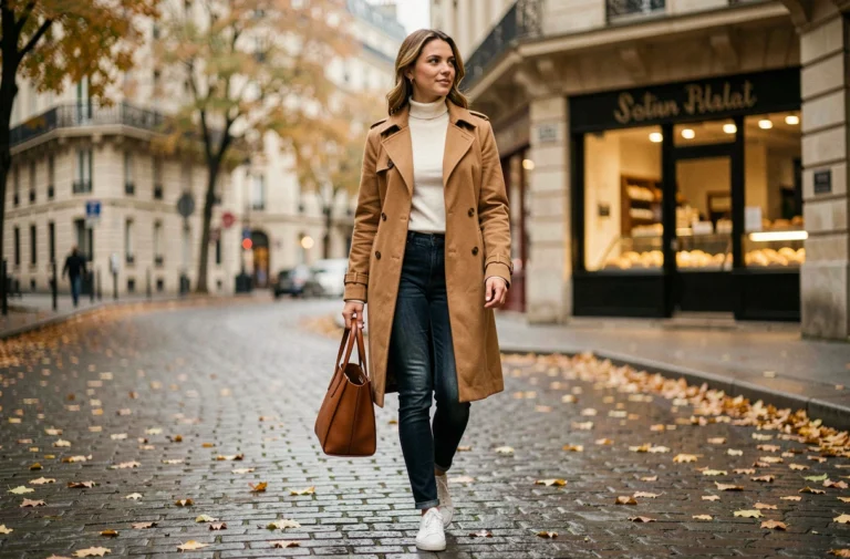Femme élégante en trench coat camel et jean slim se promenant sur un trottoir parisien en automne, incarnant les tendances mode incontournables du quotidien