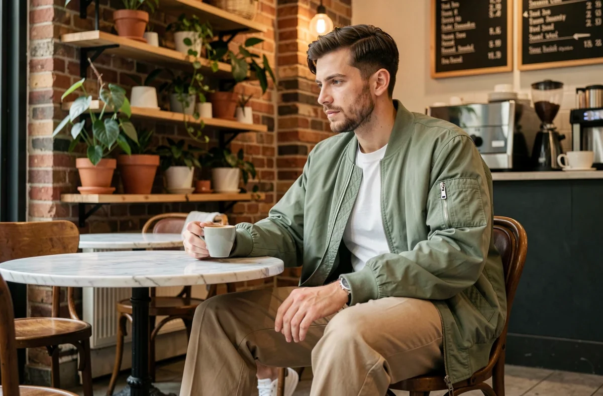 Homme branché en bomber vert sauge et pantalon large assis dans un café parisien moderne, illustrant les tendances mode masculines à adopter au quotidien