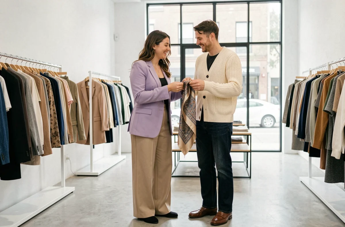 Deux amies stylées essayant des vêtements tendance dans une boutique de mode minimaliste, représentant les incontournables de la mode pour sublimer le style au quotidien