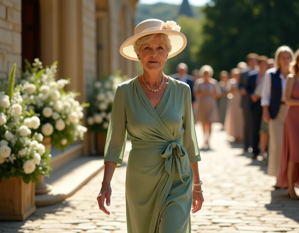 Femme élégante de 60 ans en robe en mousseline verte et chapeau chic marchant devant une église lors d'un mariage