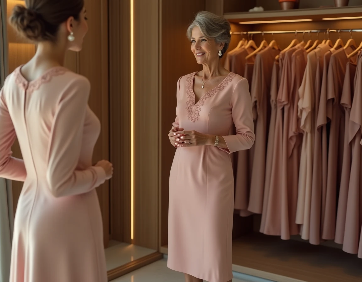 Femme élégante de 60 ans essayant une robe mi-longue en dentelle rose pour un mariage dans une boutique de mode