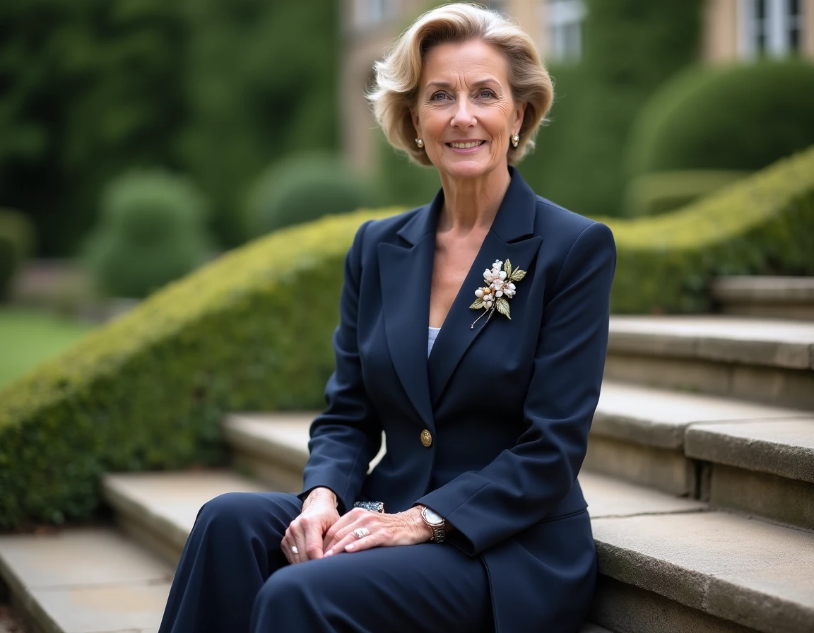 Femme de 60 ans en tailleur pantalon marine élégant assise sur les marches d'un château pour un mariage