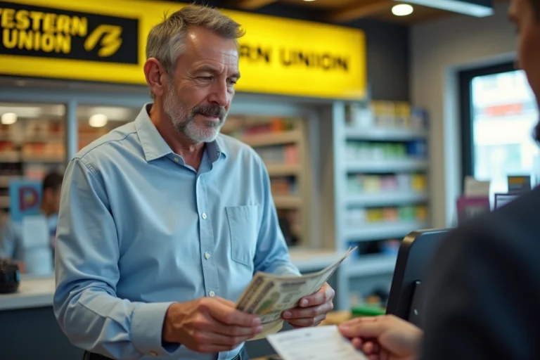 Homme effectuant un transfert d'argent Western Union à un comptoir de service avec reçu de transaction et billets de banque