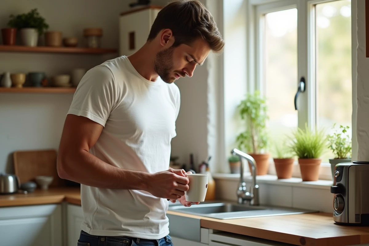 Un homme préparant son café dans une cuisine authentique et chaleureuse, ambiance intimiste de vie quotidienne