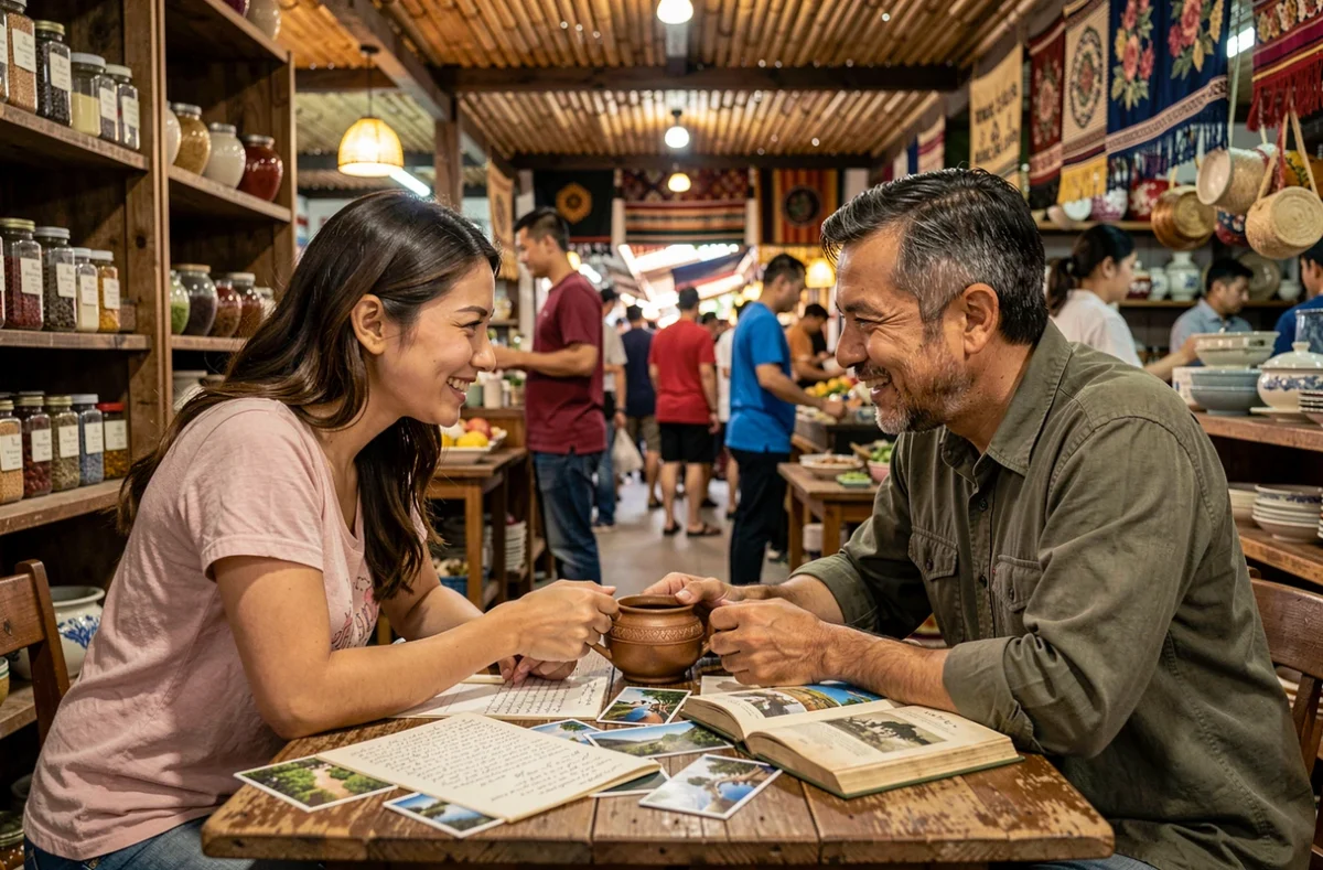 Deux voyageurs partageant des récits et des notes de voyage autour d'un thé dans un café de marché local en Asie du Sud-Est, atmosphère chaleureuse et authentique