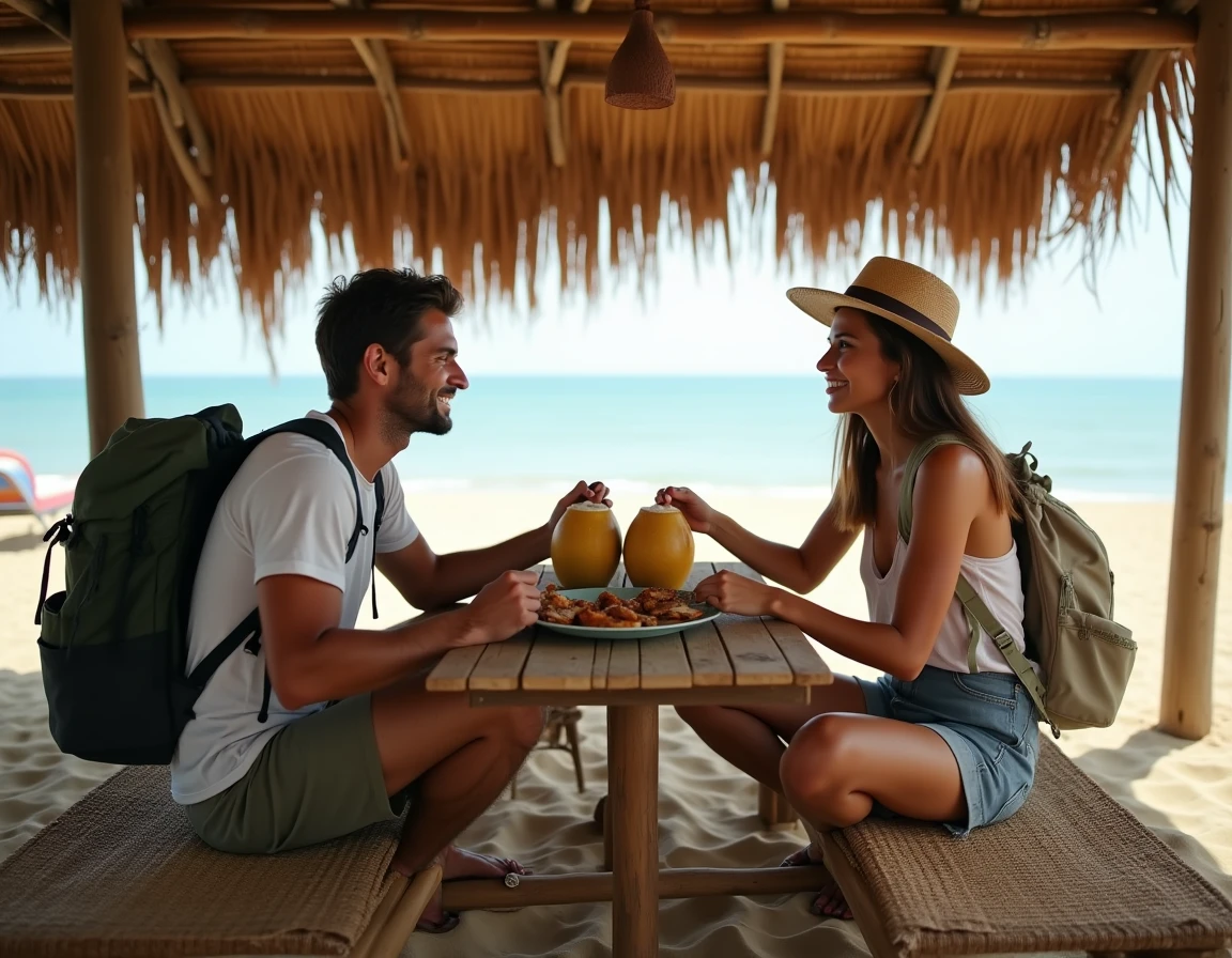 Deux voyageurs savourant un repas de poisson grillé dans un warung en bambou sur la plage de Kuta Lombok